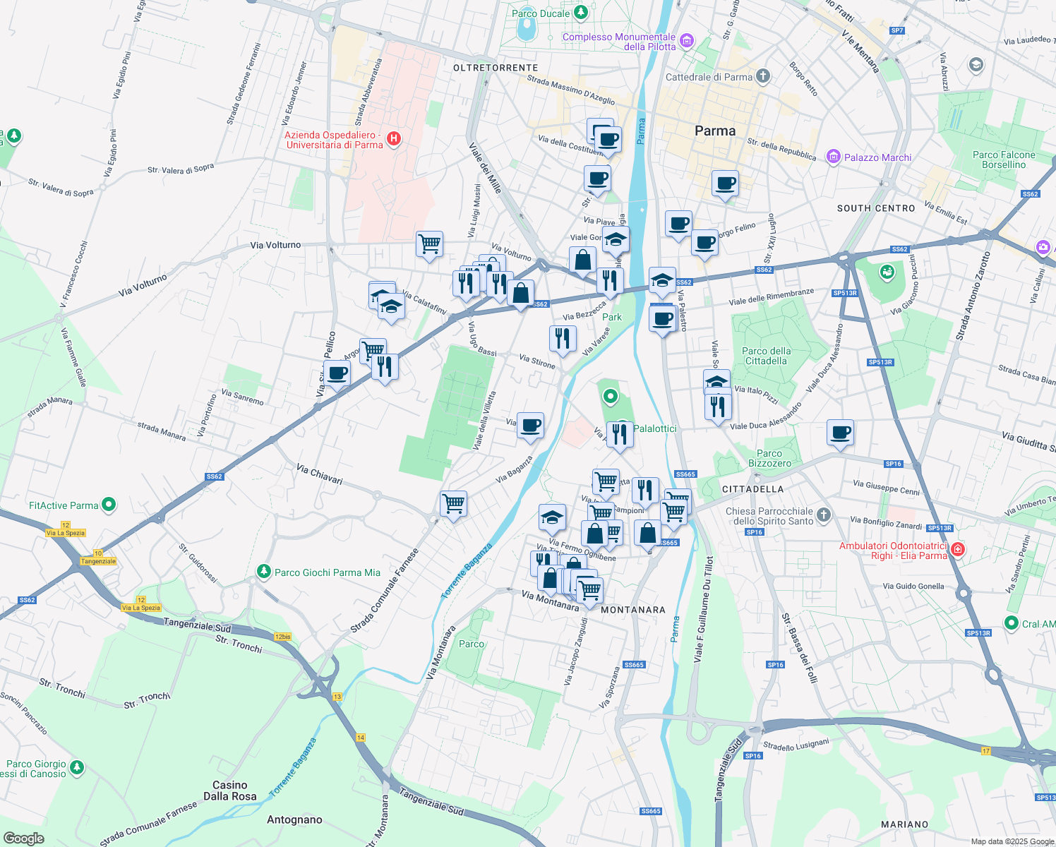 map of restaurants, bars, coffee shops, grocery stores, and more near 2-8 Via Taro in Parma