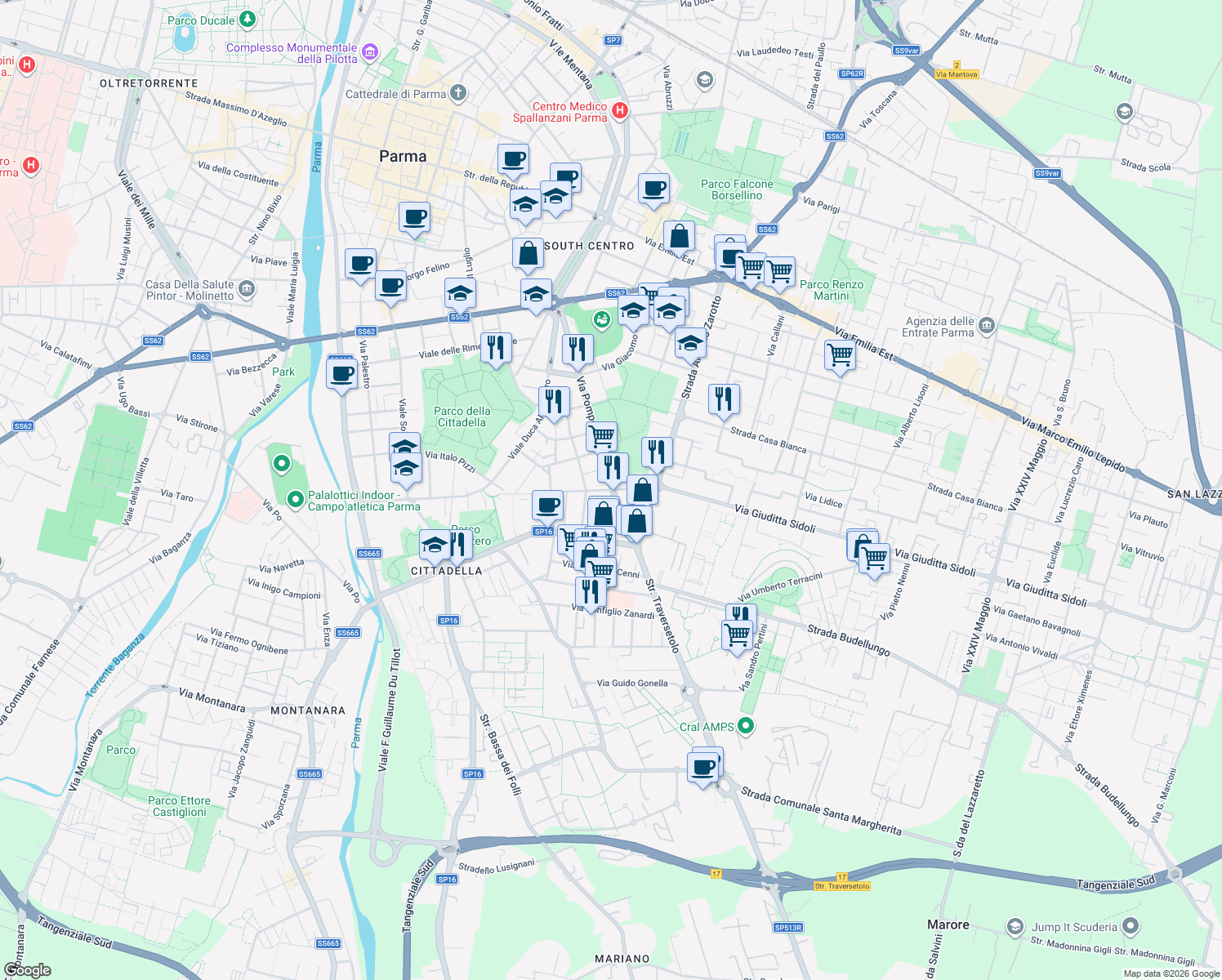 map of restaurants, bars, coffee shops, grocery stores, and more near 38 Via Torelli in Parma