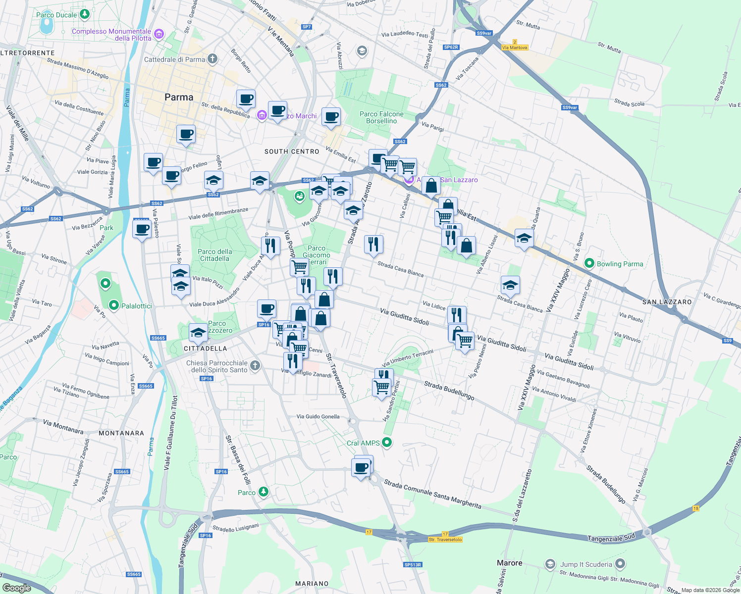 map of restaurants, bars, coffee shops, grocery stores, and more near Via Giovanni Gronchi in Parma