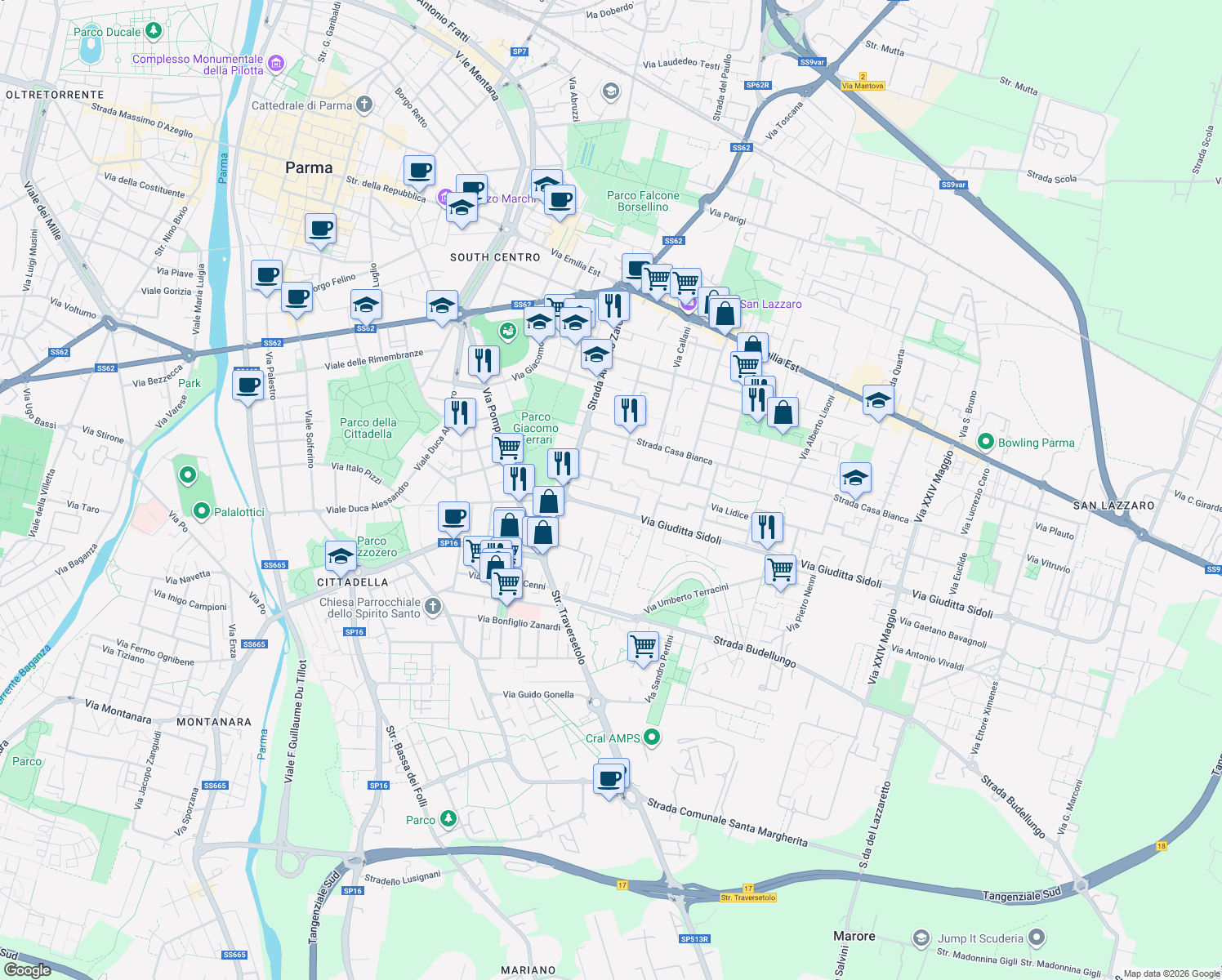 map of restaurants, bars, coffee shops, grocery stores, and more near 6 Via Albert Einstein in Parma