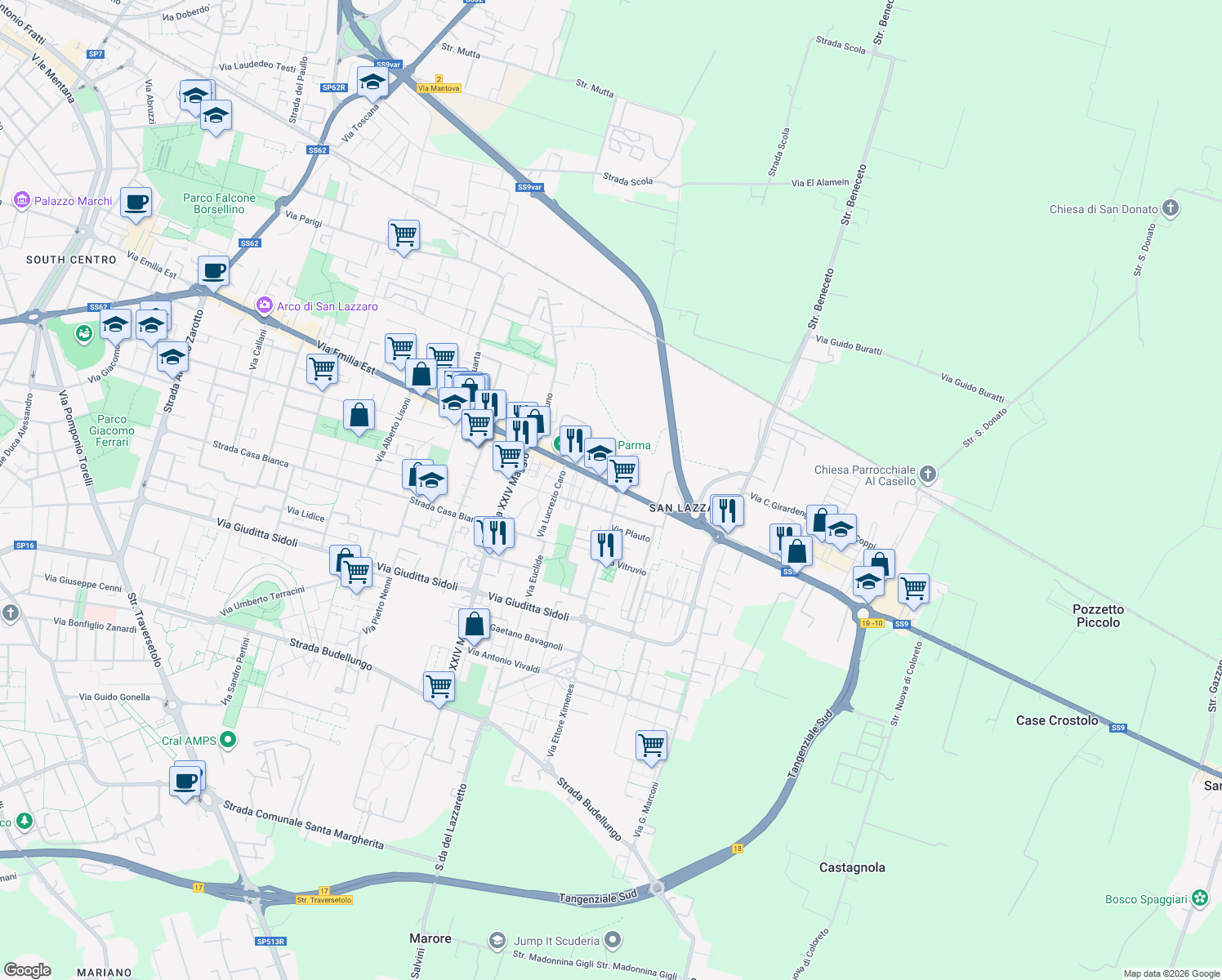 map of restaurants, bars, coffee shops, grocery stores, and more near 49/a Via Emilio Lepido in zona San Lazzaro