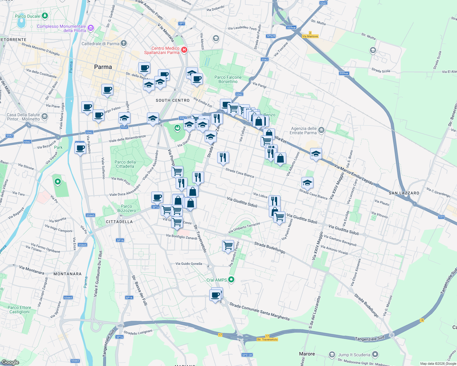map of restaurants, bars, coffee shops, grocery stores, and more near 17 Via Carlo Marx in Parma