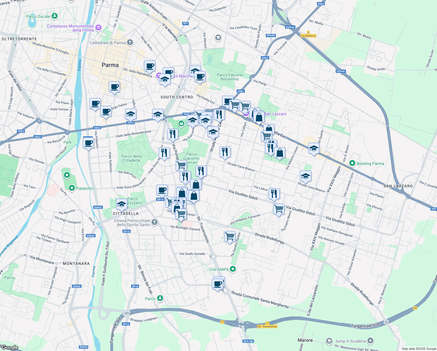 map of restaurants, bars, coffee shops, grocery stores, and more near 6 Via Albert Einstein in Parma