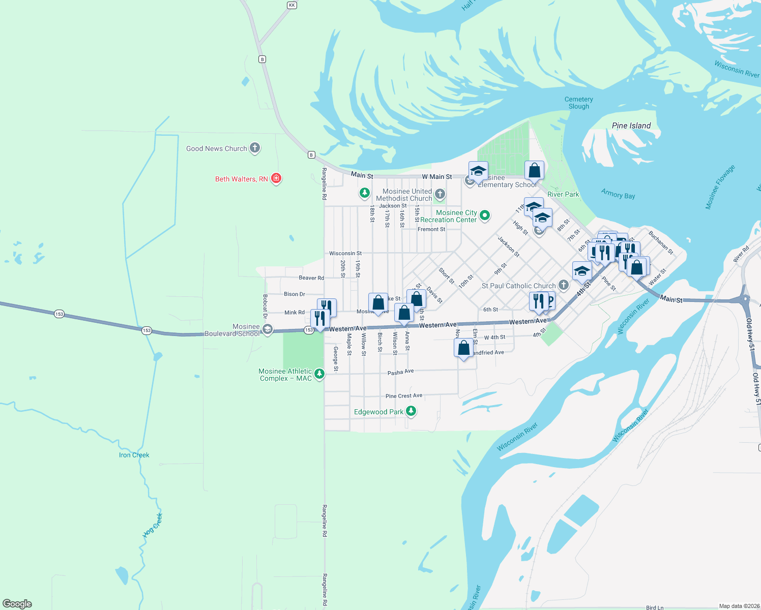 map of restaurants, bars, coffee shops, grocery stores, and more near 1120 Creske St in Mosinee