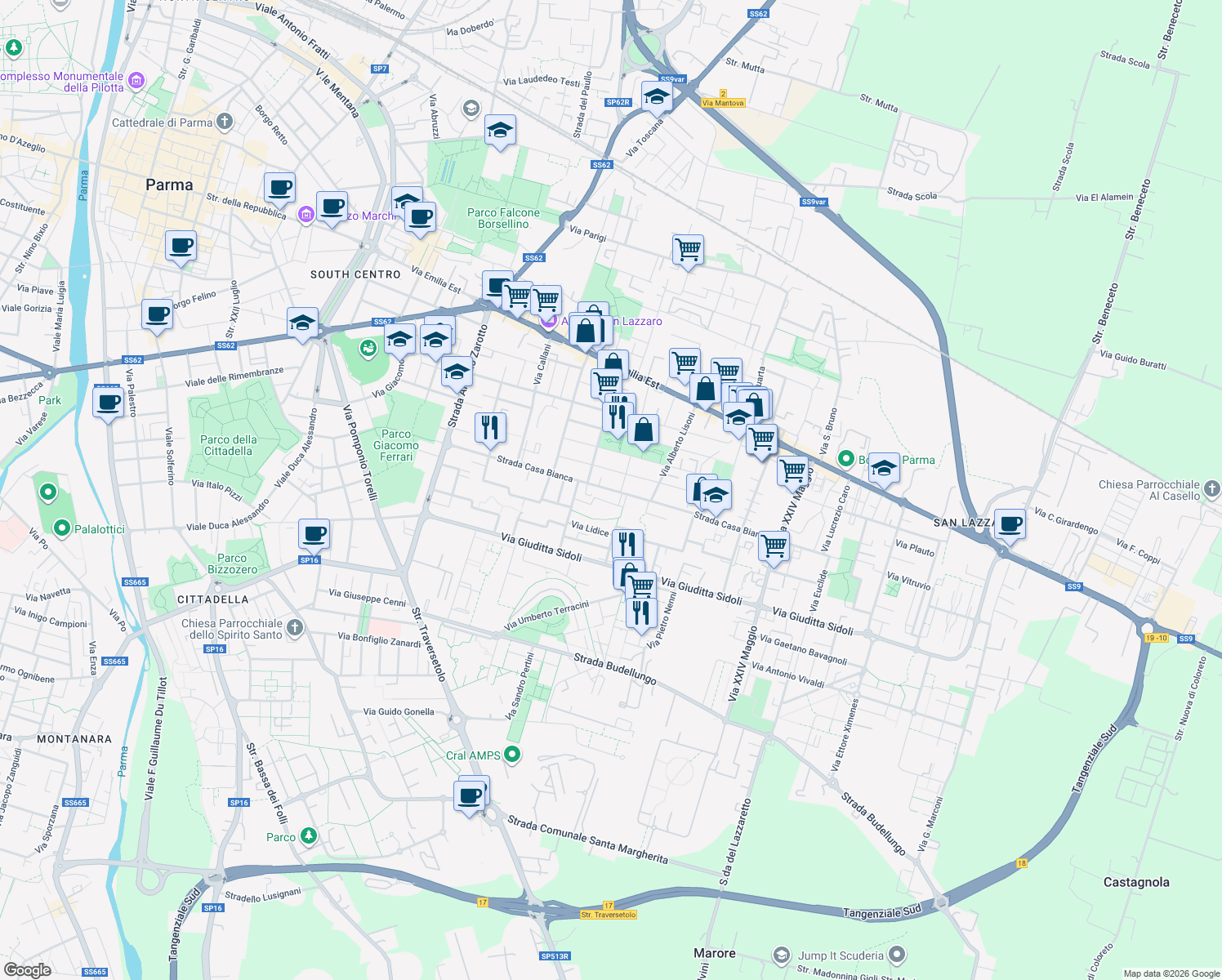 map of restaurants, bars, coffee shops, grocery stores, and more near 3 Via Gustavo Ghidini in Parma