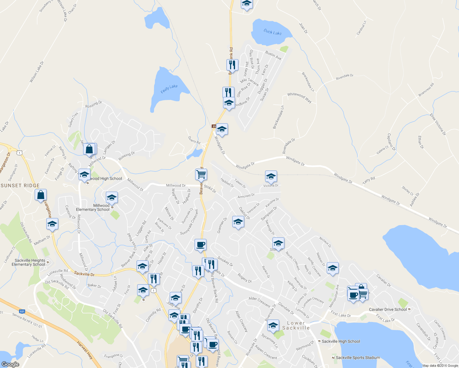 map of restaurants, bars, coffee shops, grocery stores, and more near 39 Haddad Drive in Lower Sackville