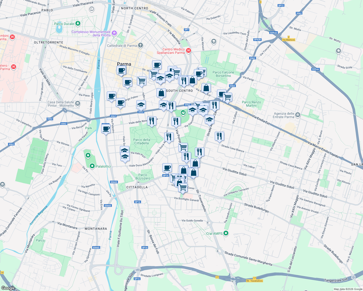 map of restaurants, bars, coffee shops, grocery stores, and more near 21 Via Torelli in Parma