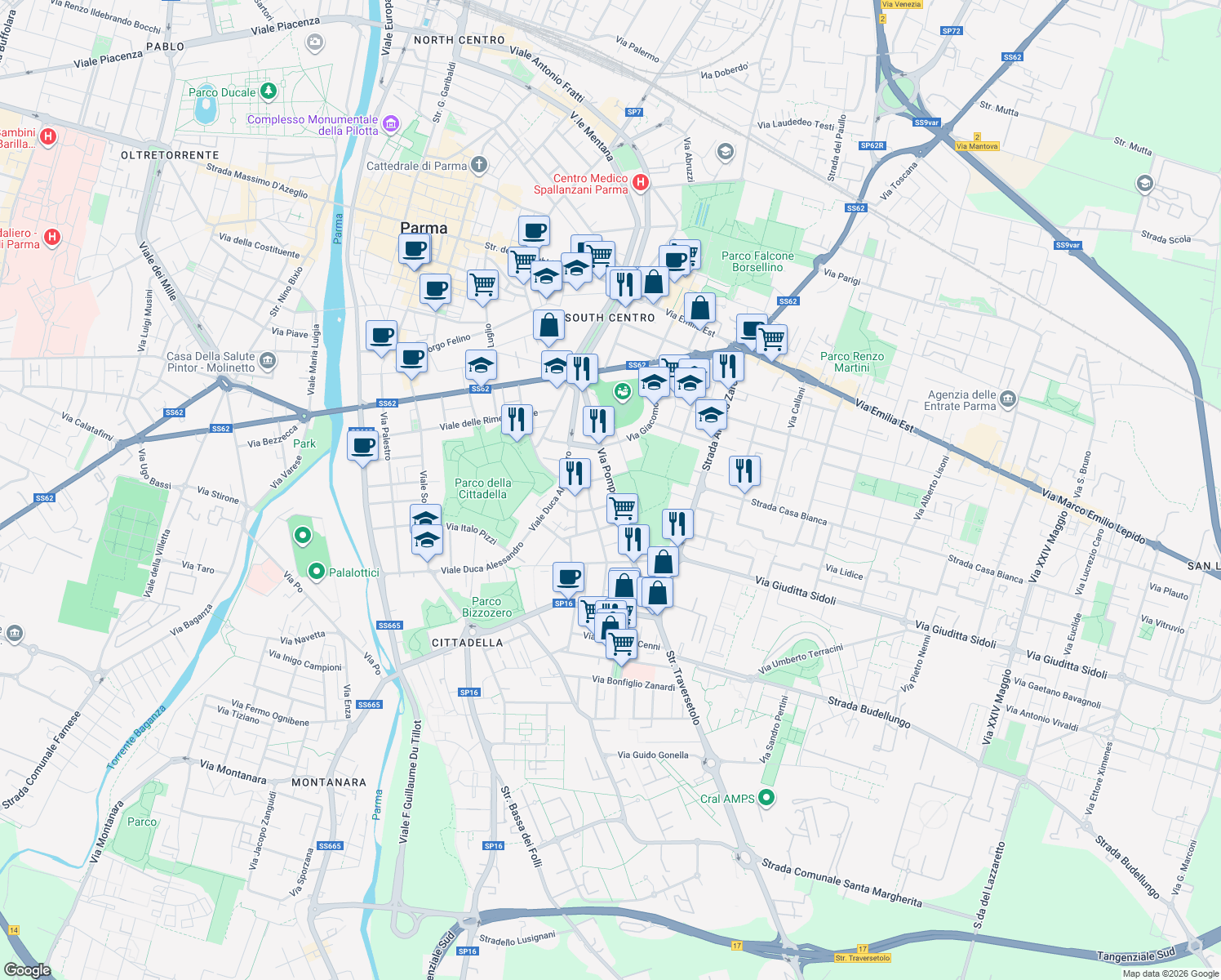 map of restaurants, bars, coffee shops, grocery stores, and more near 21 Via Pomponio Torelli in Parma