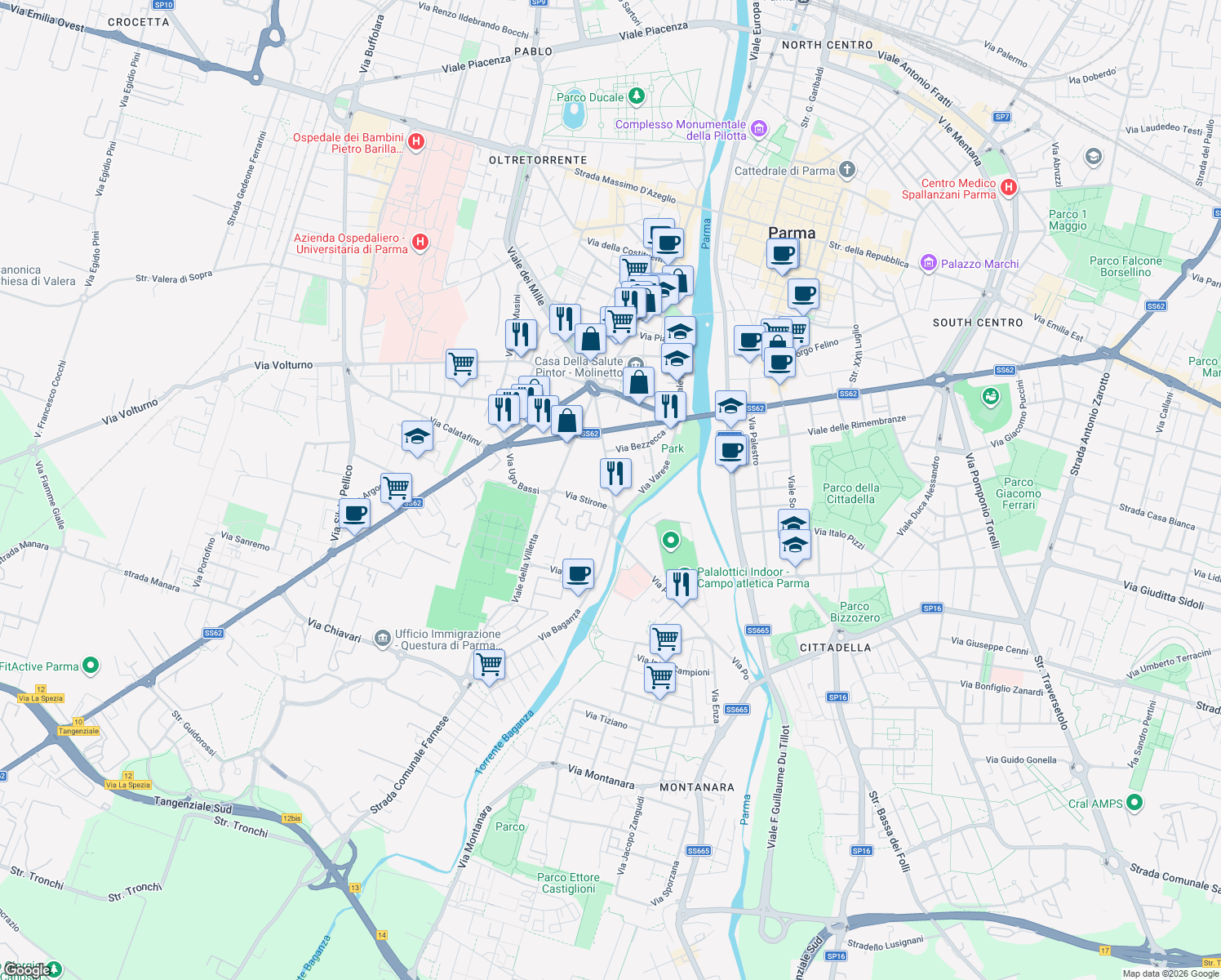 map of restaurants, bars, coffee shops, grocery stores, and more near 21 Via Stanislao Solari in Parma