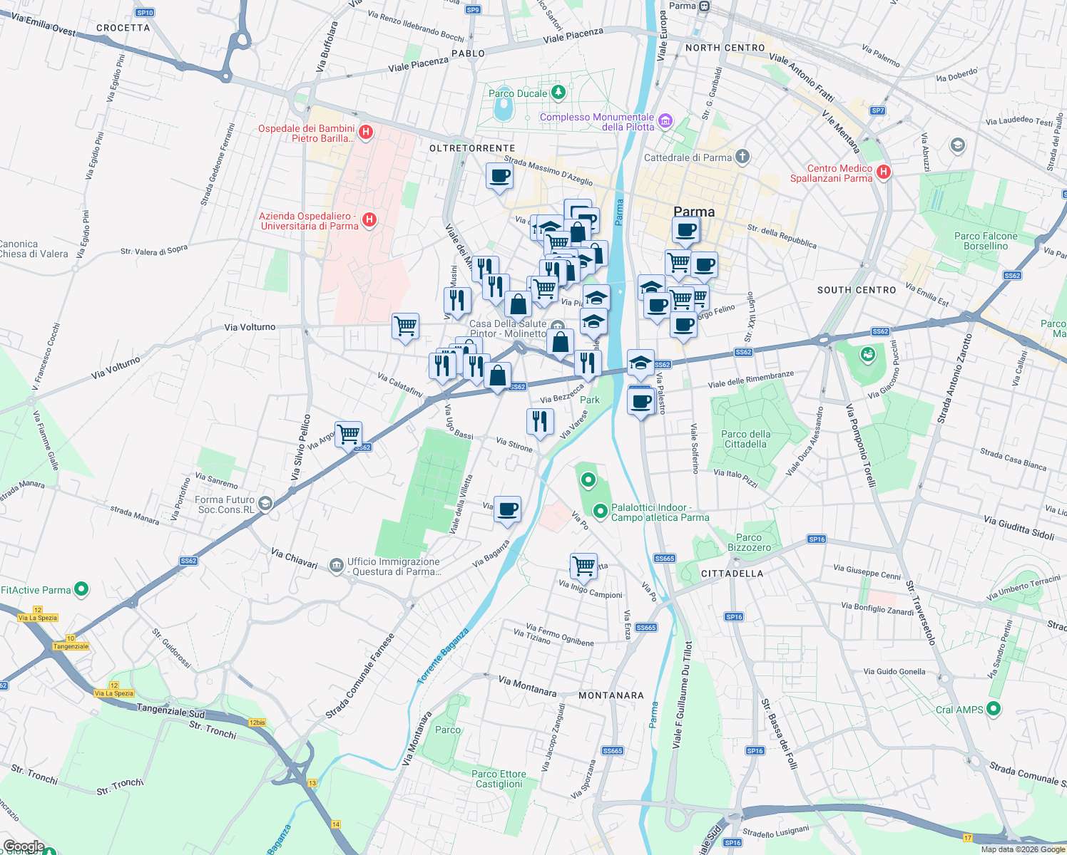 map of restaurants, bars, coffee shops, grocery stores, and more near 20-30 Via Stanislao Solari in Parma
