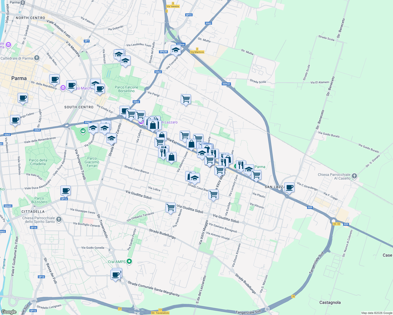map of restaurants, bars, coffee shops, grocery stores, and more near 131A Via Emilia Est in Parma