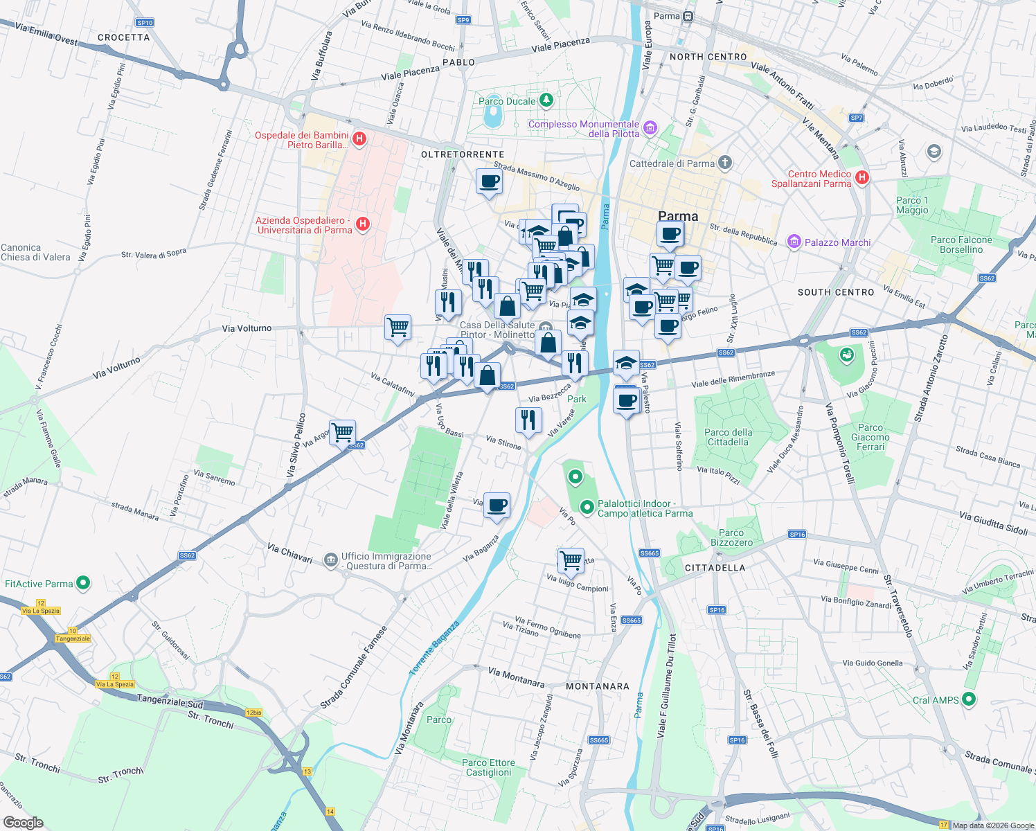 map of restaurants, bars, coffee shops, grocery stores, and more near 21 Via Stanislao Solari in Parma