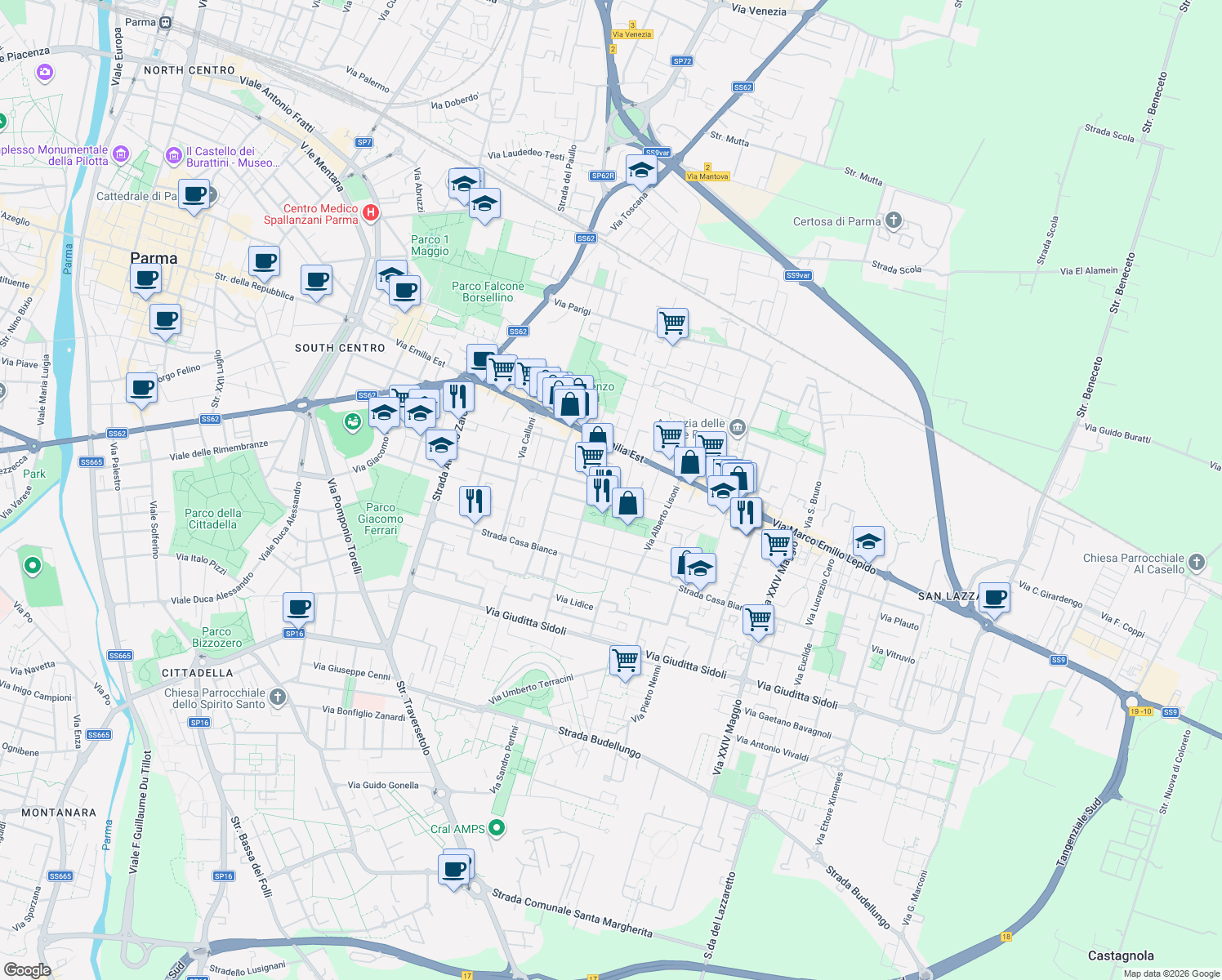 map of restaurants, bars, coffee shops, grocery stores, and more near 30-34 Via Carlo Malaspina in Parma