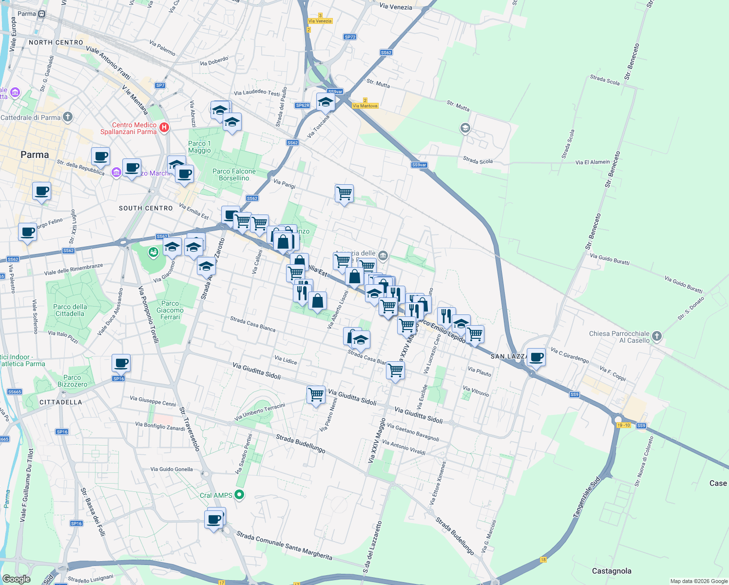 map of restaurants, bars, coffee shops, grocery stores, and more near 131A Via Emilia Est in Parma