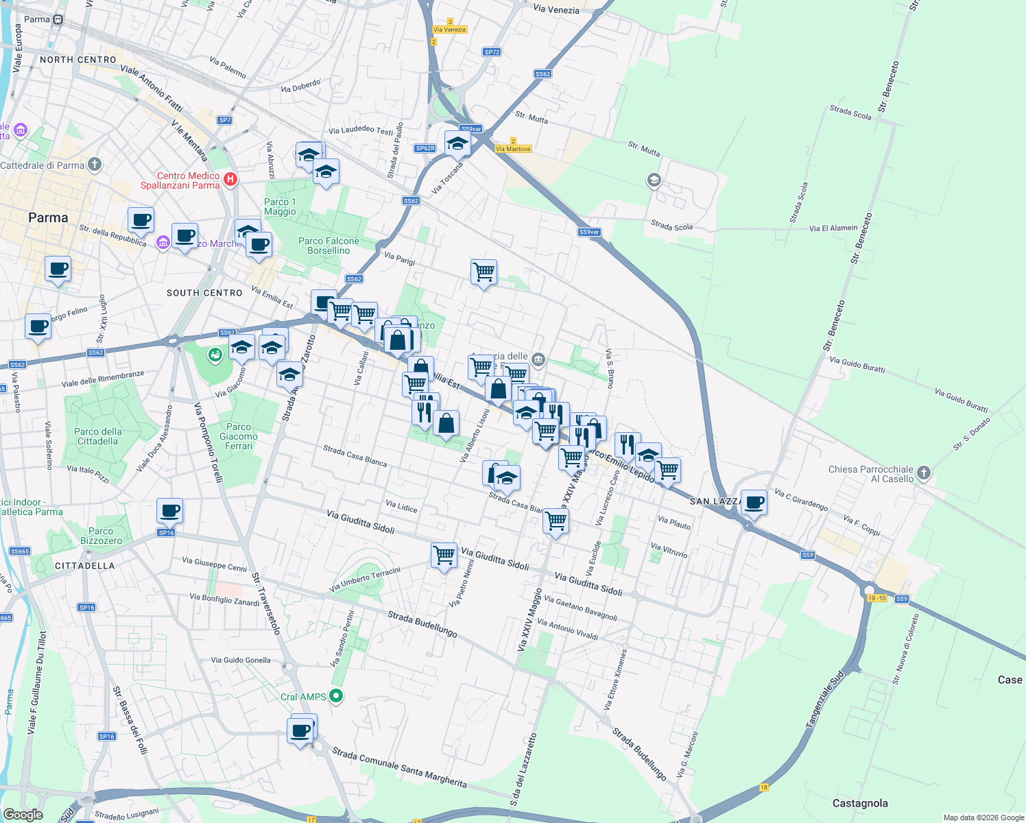 map of restaurants, bars, coffee shops, grocery stores, and more near 131A Via Emilia Est in Parma