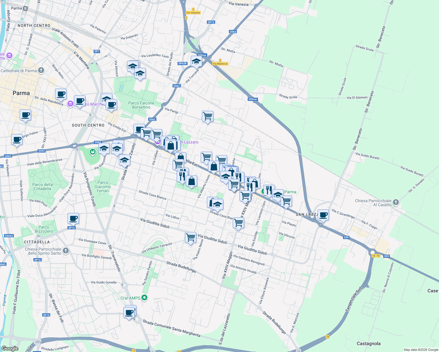 map of restaurants, bars, coffee shops, grocery stores, and more near 131A Via Emilia Est in Parma