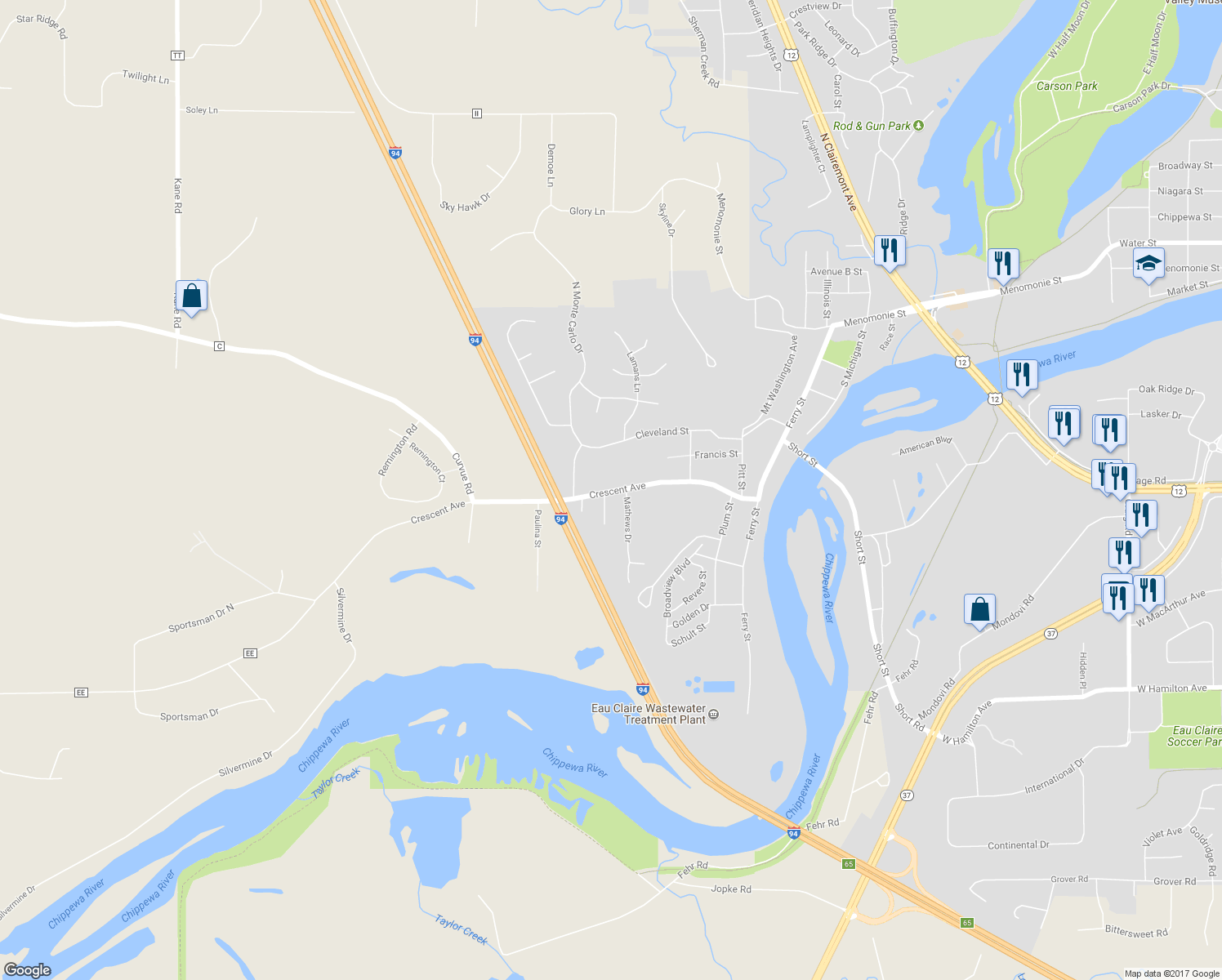 map of restaurants, bars, coffee shops, grocery stores, and more near 2208 Crescent Avenue in Eau Claire
