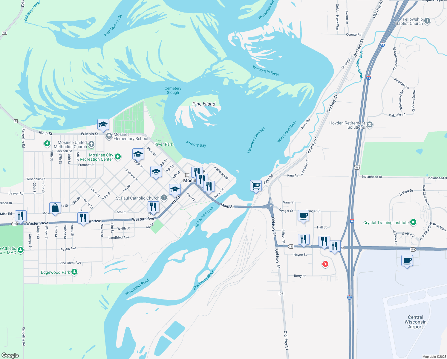 map of restaurants, bars, coffee shops, grocery stores, and more near 204 2nd St in Mosinee
