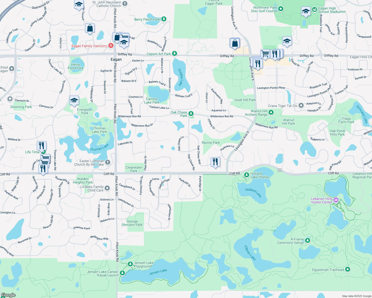 map of restaurants, bars, coffee shops, grocery stores, and more near 4515 Oak Chase Road in Eagan