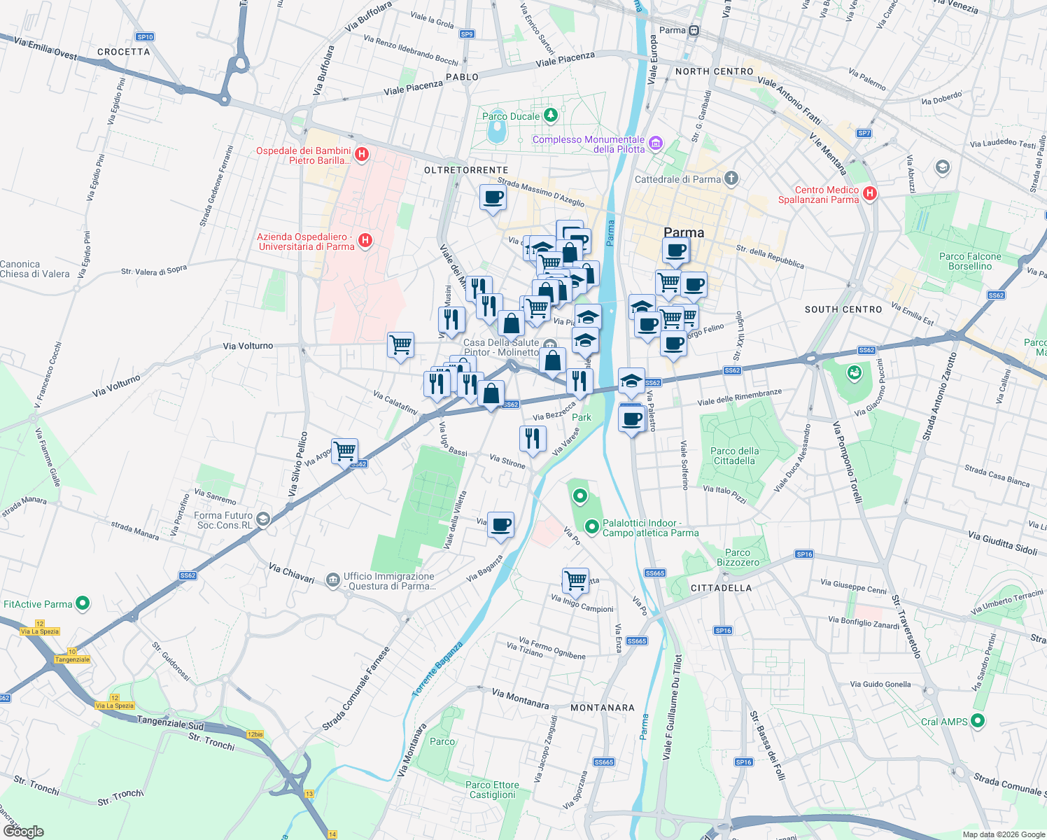 map of restaurants, bars, coffee shops, grocery stores, and more near 20-30 Via Stanislao Solari in Parma
