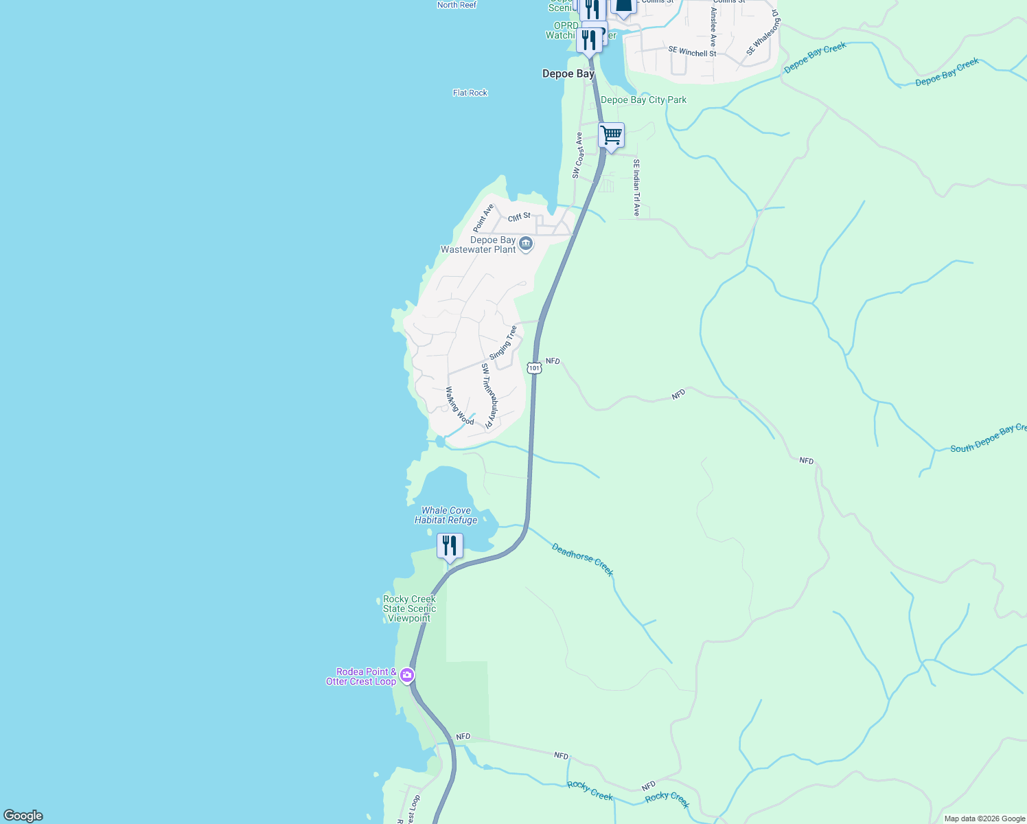 map of restaurants, bars, coffee shops, grocery stores, and more near 171 Cormorant in Depoe Bay