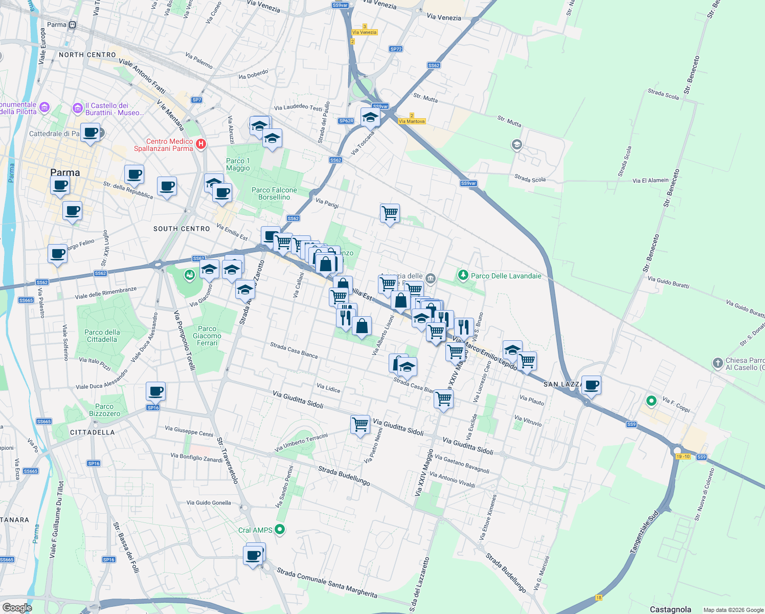 map of restaurants, bars, coffee shops, grocery stores, and more near 2 Via de Rossi Gian Bernardo in Parma
