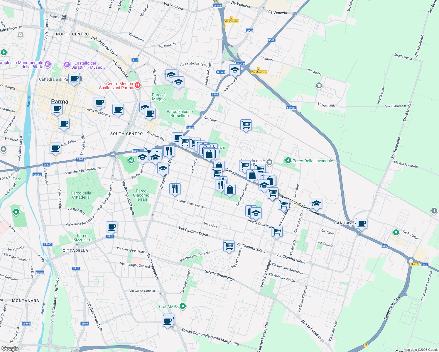 map of restaurants, bars, coffee shops, grocery stores, and more near 34 Via Carlo Malaspina in Parma