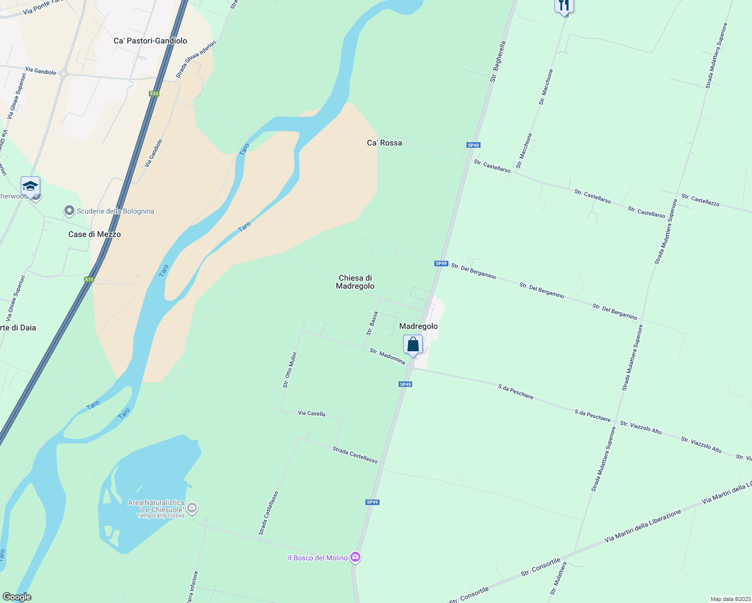 map of restaurants, bars, coffee shops, grocery stores, and more near 3 Strada Bassa in Madregolo