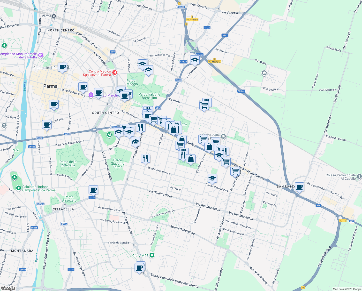 map of restaurants, bars, coffee shops, grocery stores, and more near 1 Via Cassio Parmense in Parma