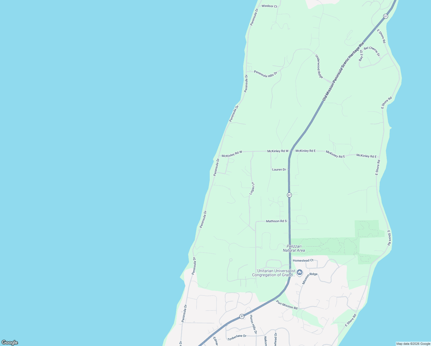 map of restaurants, bars, coffee shops, grocery stores, and more near 7332 Peninsula Drive in Traverse City