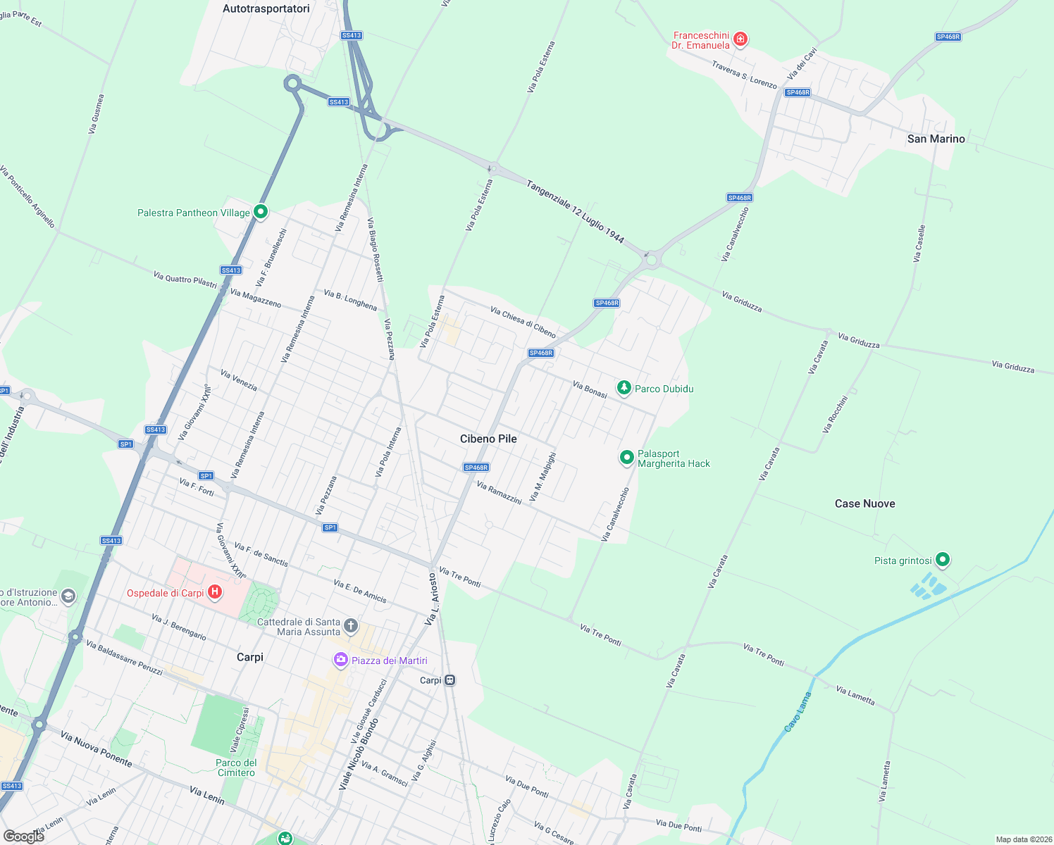 map of restaurants, bars, coffee shops, grocery stores, and more near 16 Via Divisione Acqui in Carpi