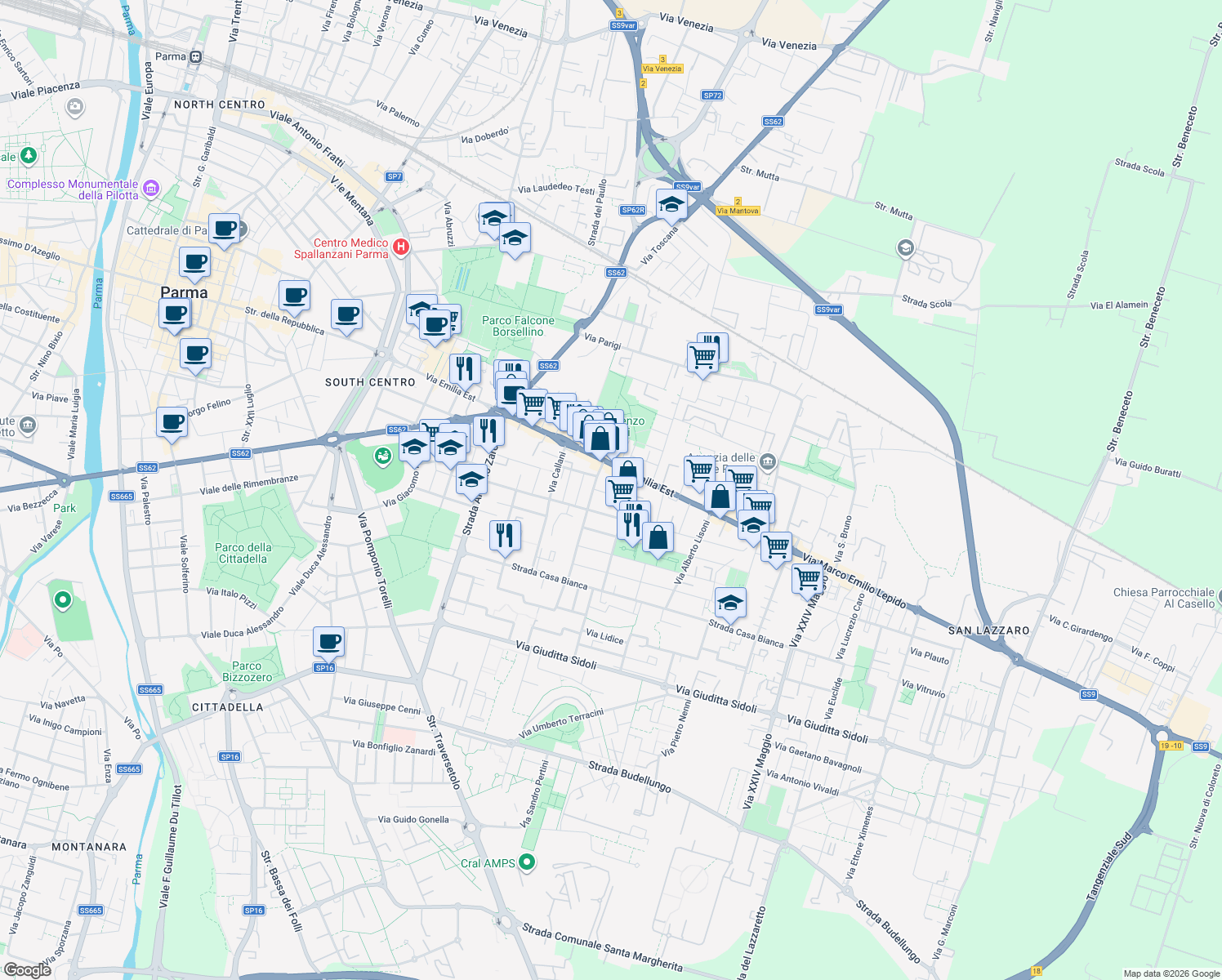 map of restaurants, bars, coffee shops, grocery stores, and more near 6 Via Dante Gibertini in Parma