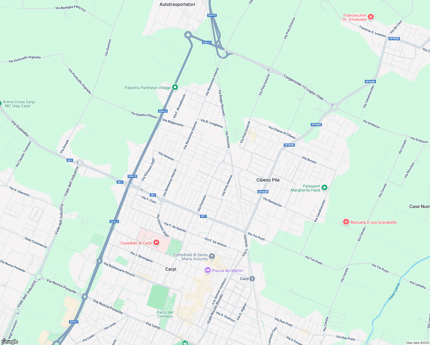 map of restaurants, bars, coffee shops, grocery stores, and more near 84 Via Pezzana in Carpi