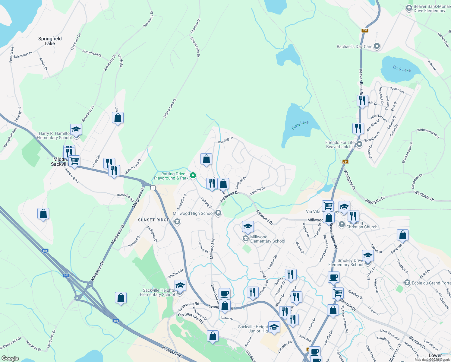 map of restaurants, bars, coffee shops, grocery stores, and more near 40 Tenon Drive in Middle Sackville