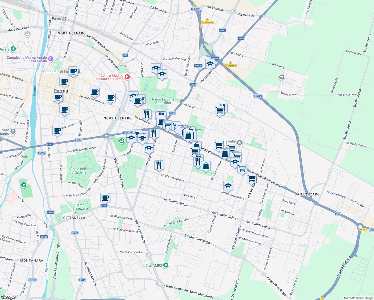 map of restaurants, bars, coffee shops, grocery stores, and more near 6 Via Dante Gibertini in Parma