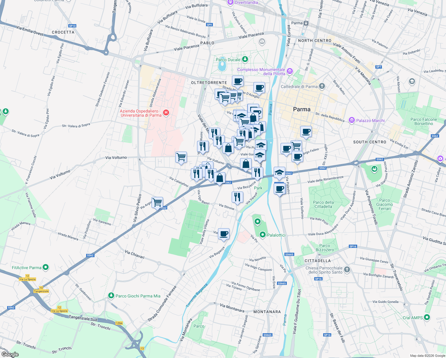 map of restaurants, bars, coffee shops, grocery stores, and more near 2-6 Viale Villetta in Parma