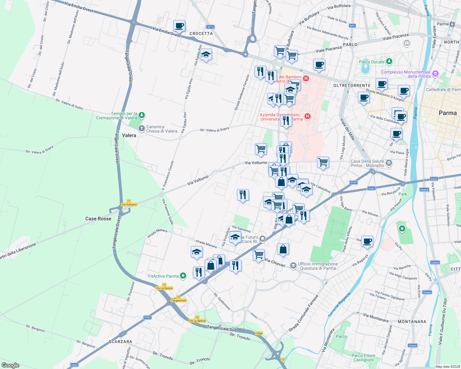 map of restaurants, bars, coffee shops, grocery stores, and more near 16 Via Federico Fellini in Parma