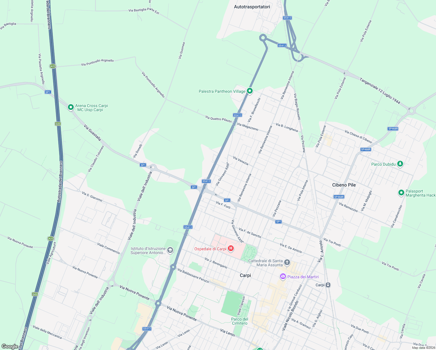 map of restaurants, bars, coffee shops, grocery stores, and more near 8A Via Enrico Fermi in Carpi
