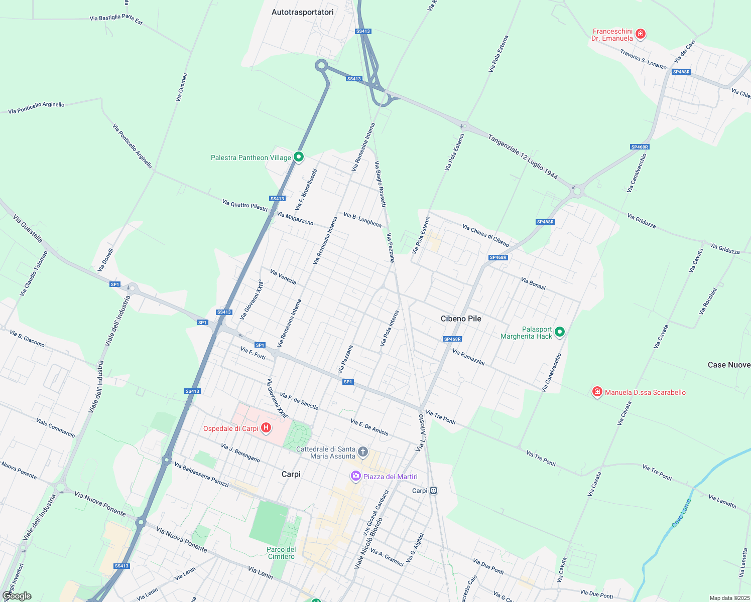 map of restaurants, bars, coffee shops, grocery stores, and more near 84 Via Pezzana in Carpi