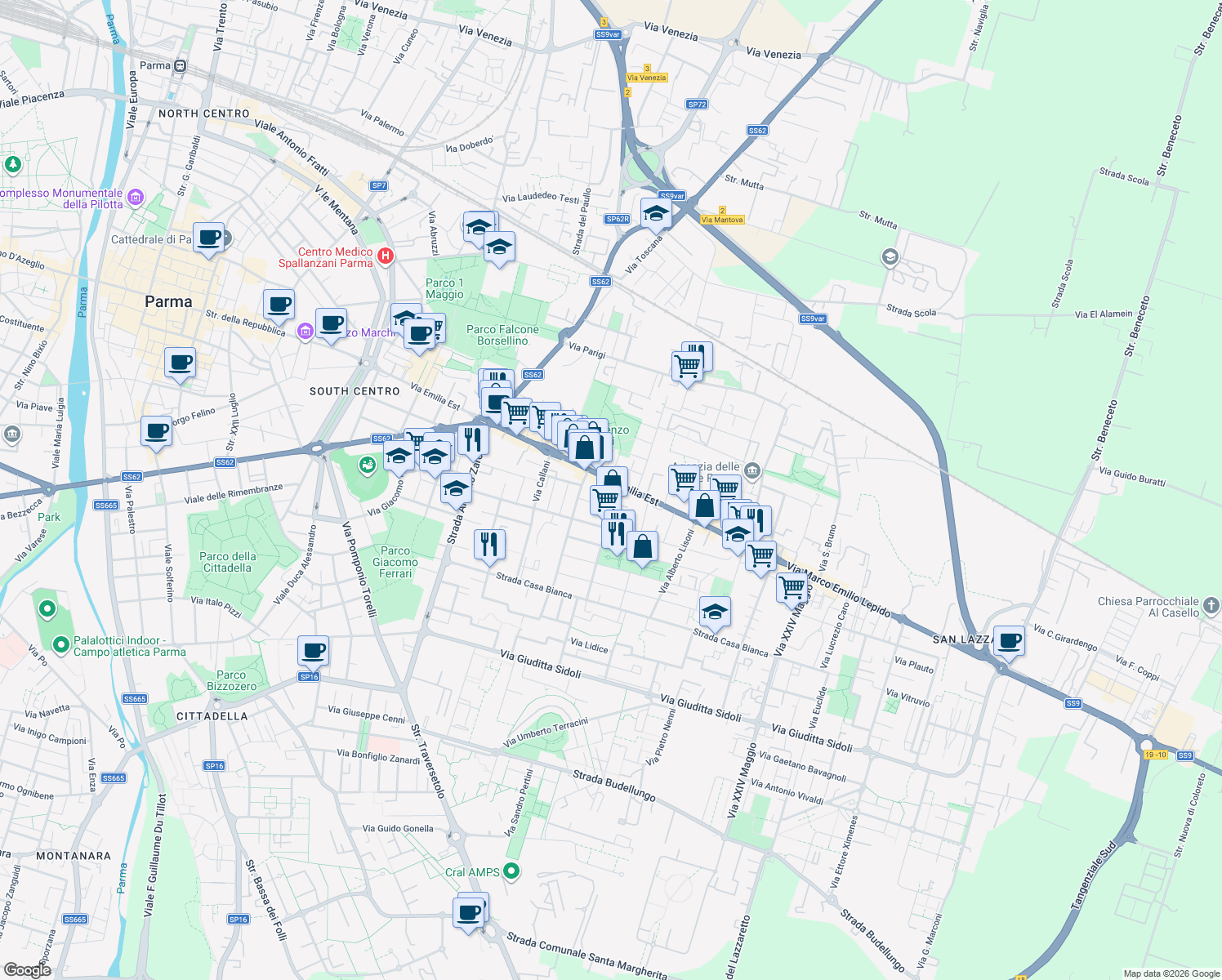 map of restaurants, bars, coffee shops, grocery stores, and more near 1 Via Cassio Parmense in Parma