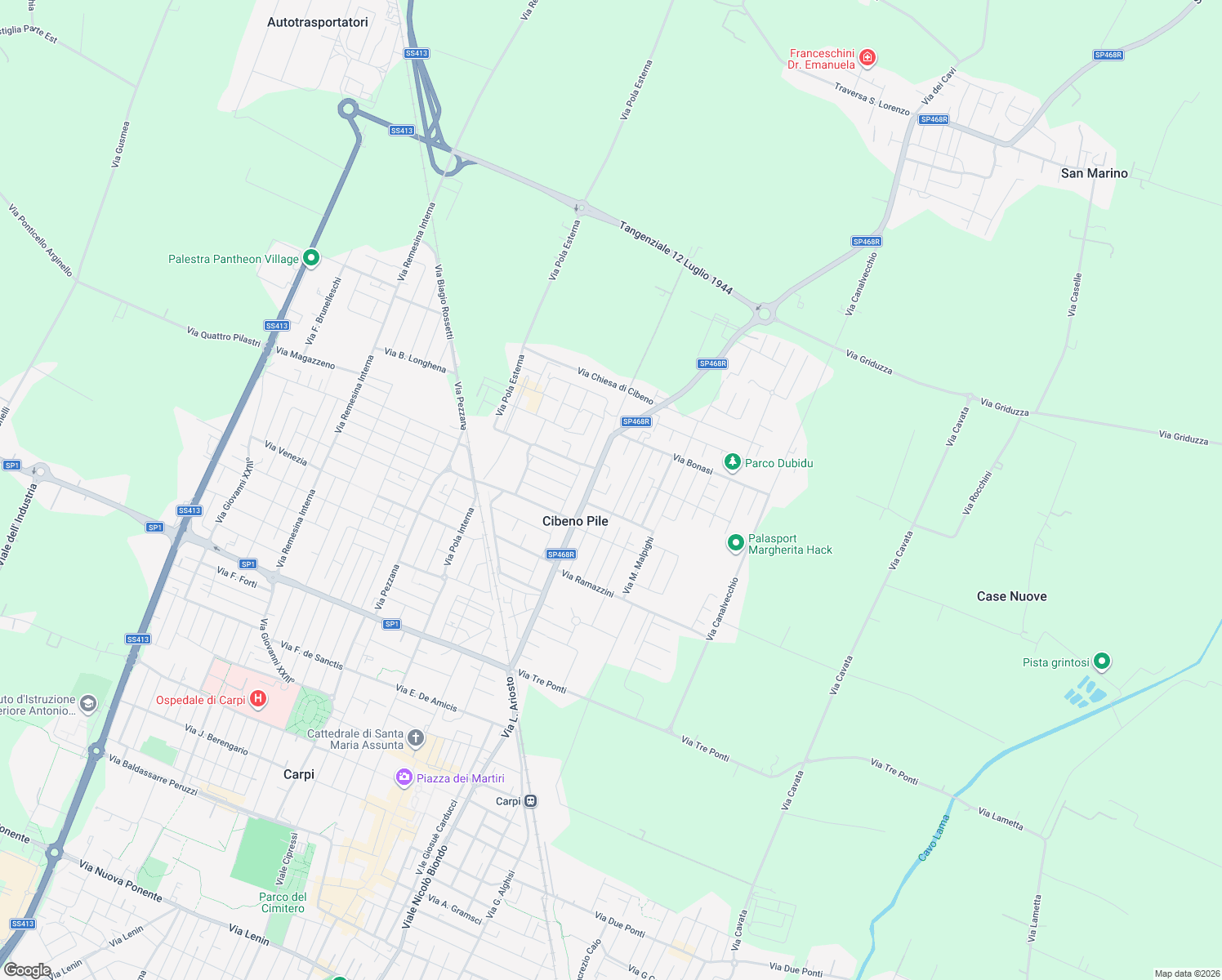 map of restaurants, bars, coffee shops, grocery stores, and more near 16 Via Divisione Acqui in Carpi