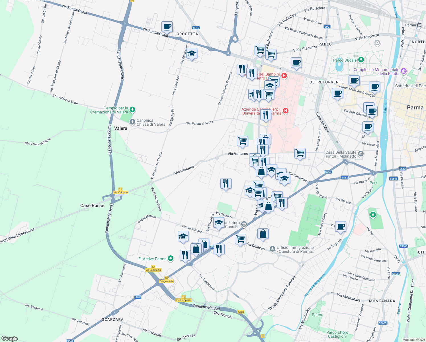 map of restaurants, bars, coffee shops, grocery stores, and more near 16 Via Federico Fellini in Parma