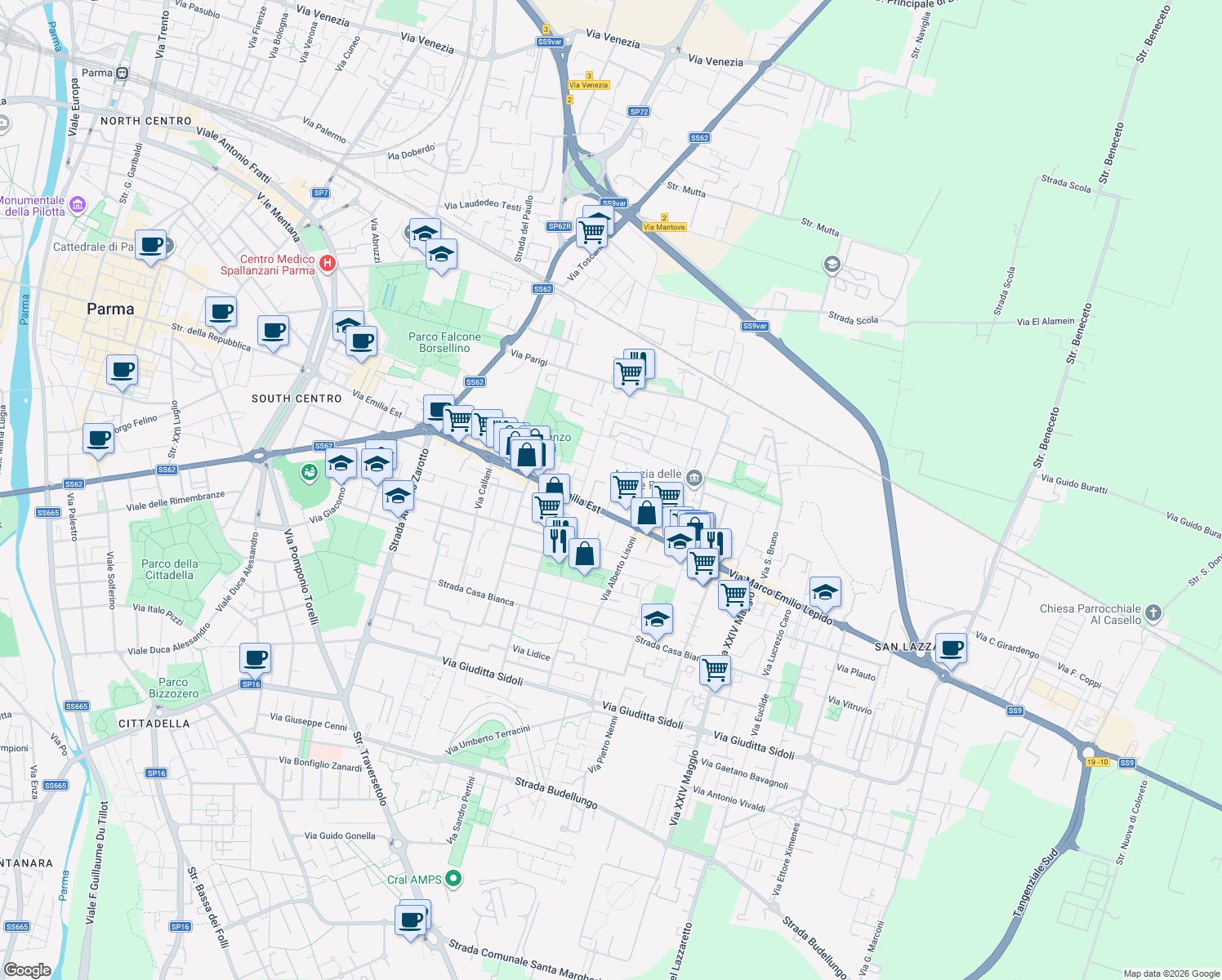 map of restaurants, bars, coffee shops, grocery stores, and more near 113 Via Emilia Est in Parma
