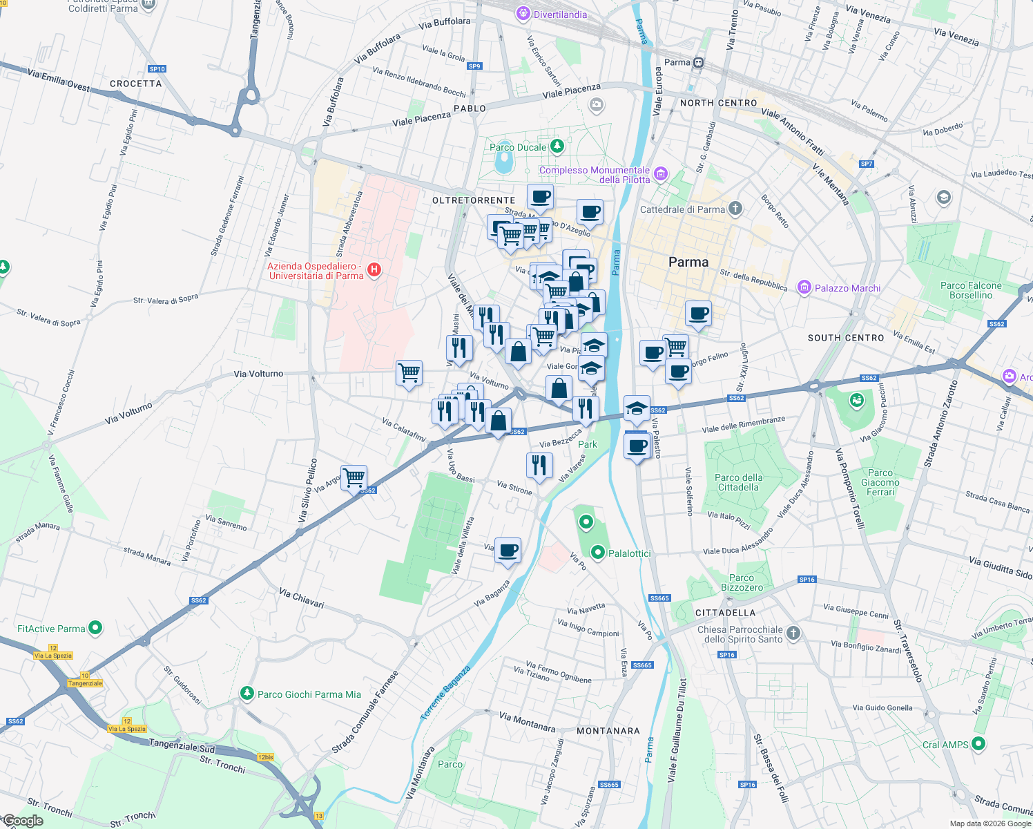 map of restaurants, bars, coffee shops, grocery stores, and more near 2 Viale della Villetta in Parma
