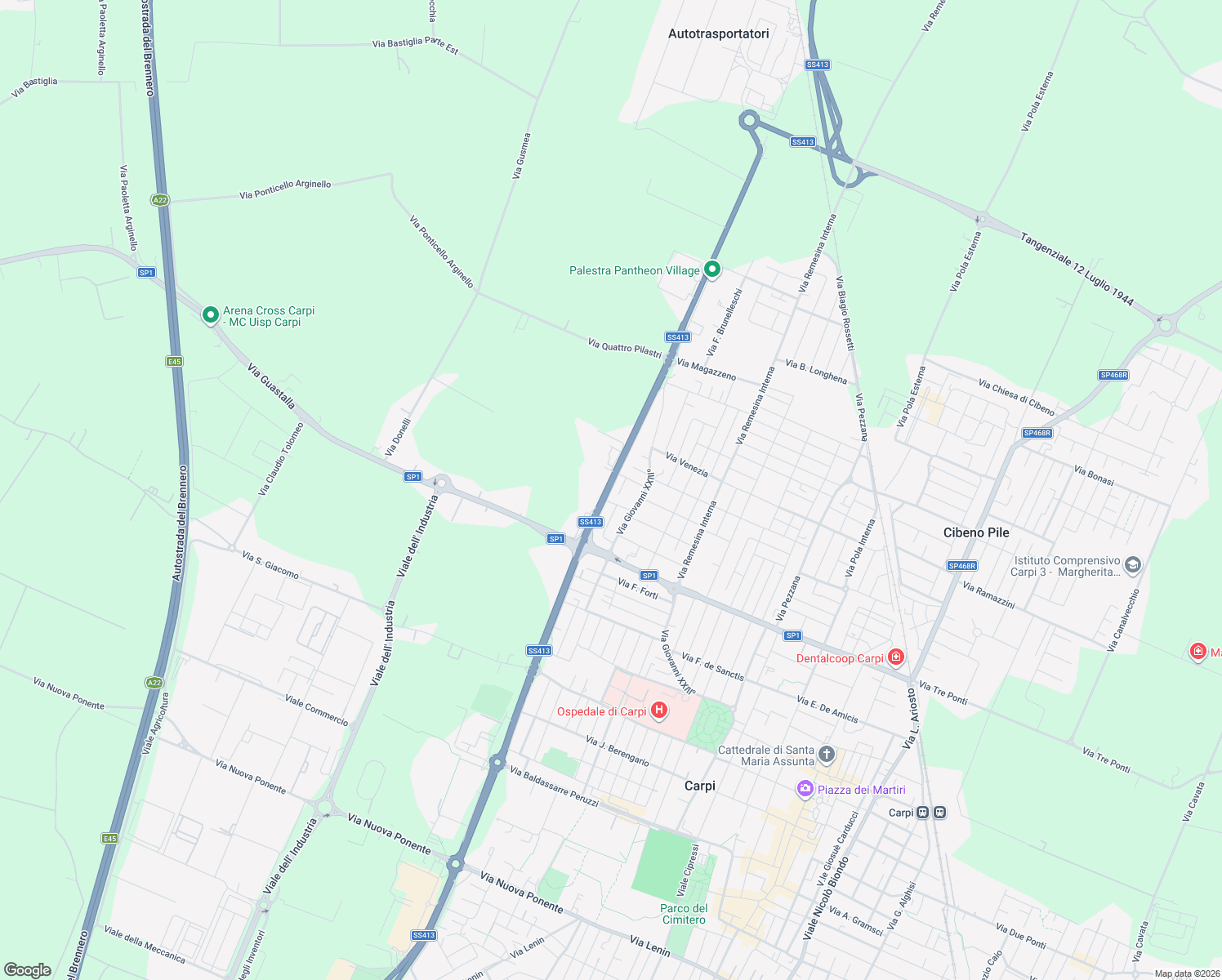 map of restaurants, bars, coffee shops, grocery stores, and more near 8A Via Enrico Fermi in Carpi
