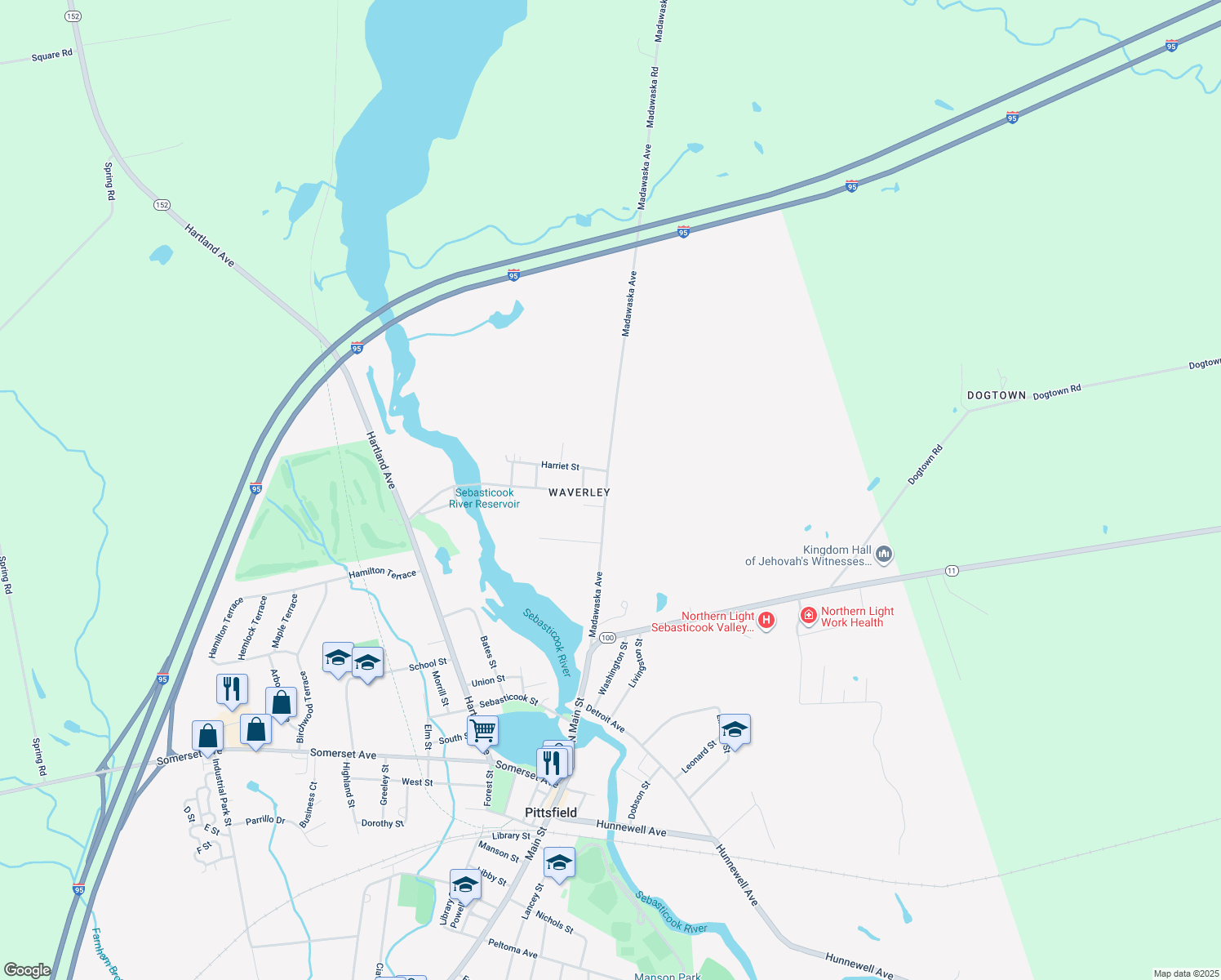 map of restaurants, bars, coffee shops, grocery stores, and more near 105 North Main Street in Pittsfield