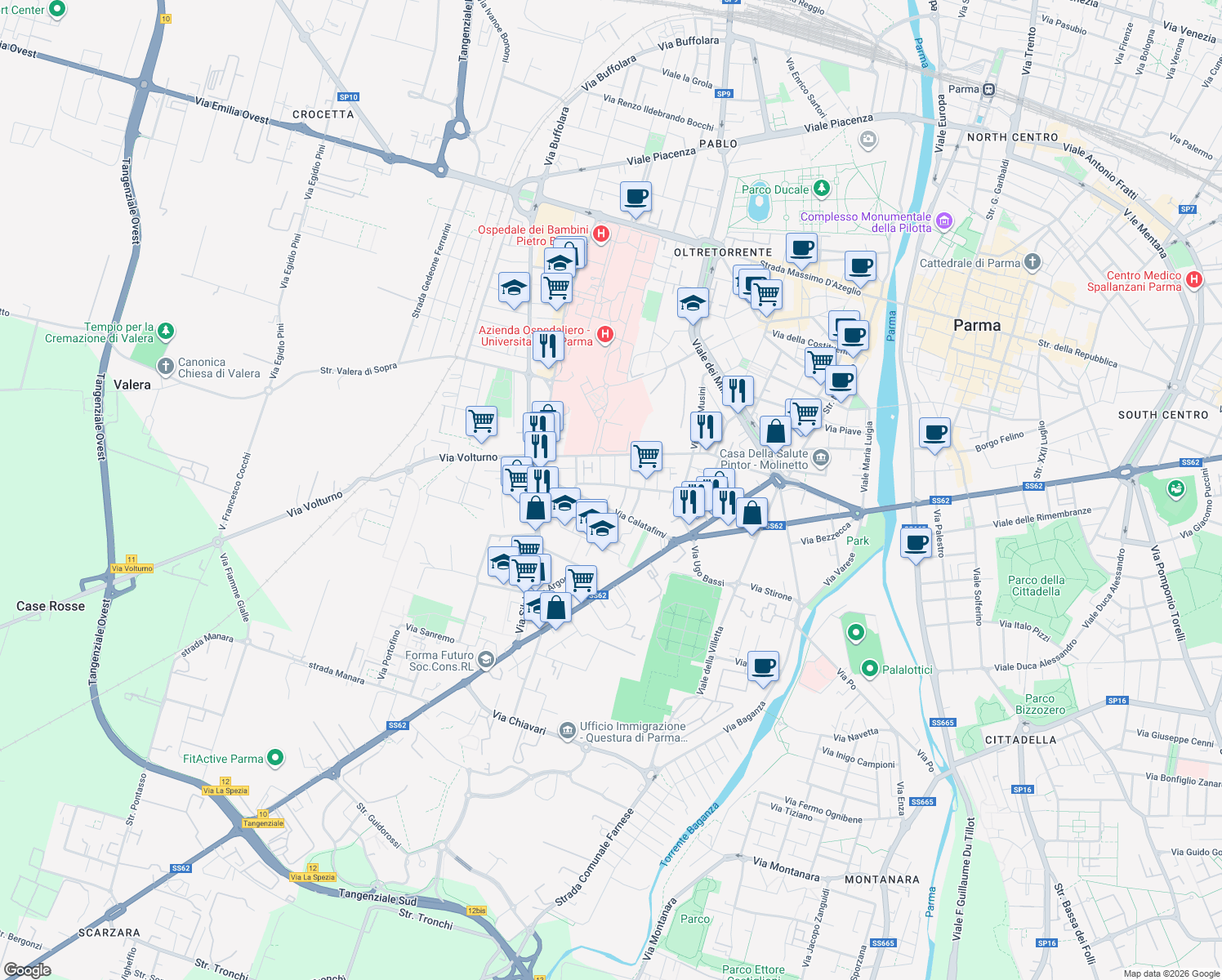 map of restaurants, bars, coffee shops, grocery stores, and more near 1-7 Via Bruno Ferrari in Parma