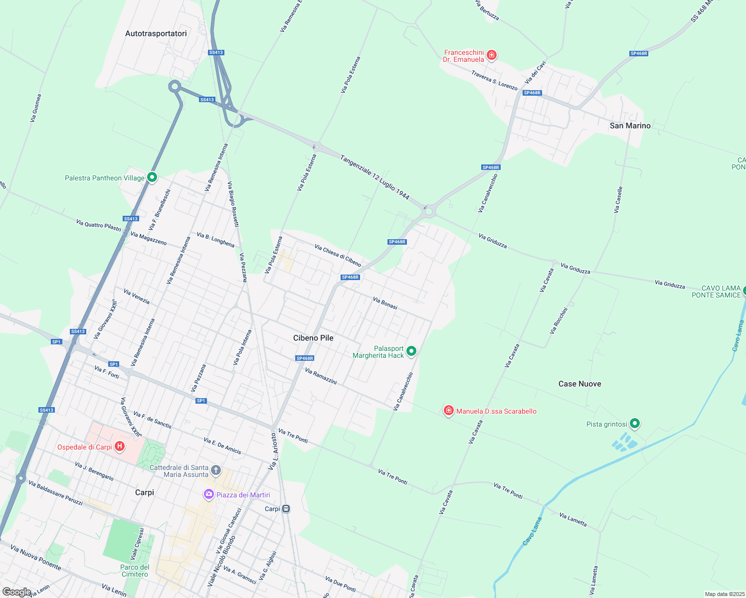 map of restaurants, bars, coffee shops, grocery stores, and more near 3 Via Bonasi in Carpi