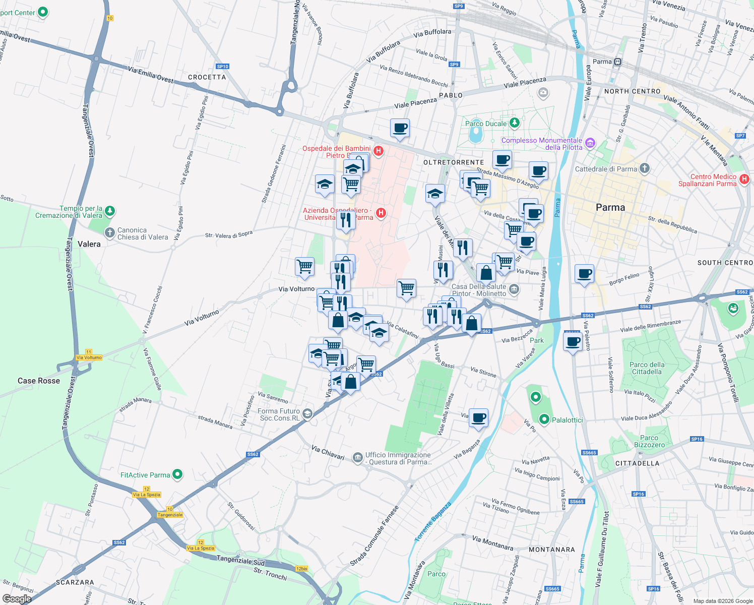 map of restaurants, bars, coffee shops, grocery stores, and more near 7 Via Bruno Ferrari in Parma