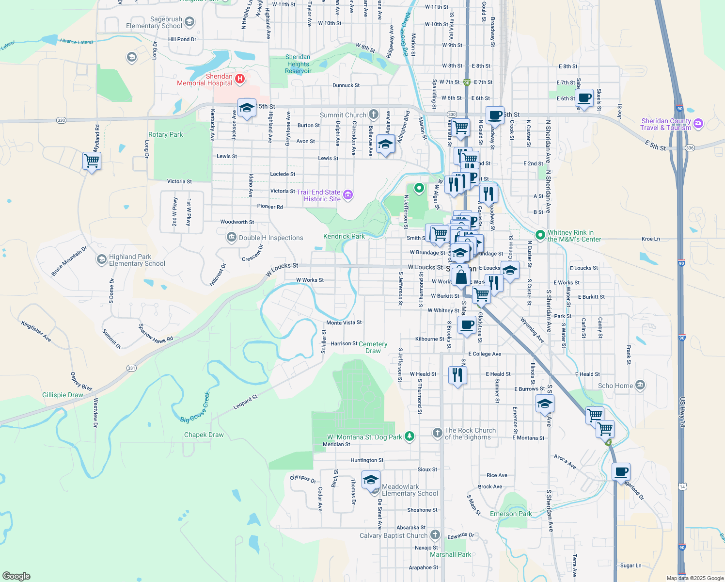 map of restaurants, bars, coffee shops, grocery stores, and more near 135 Griffith Avenue in Sheridan